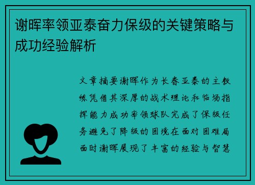 谢晖率领亚泰奋力保级的关键策略与成功经验解析