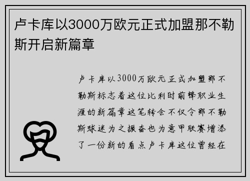 卢卡库以3000万欧元正式加盟那不勒斯开启新篇章